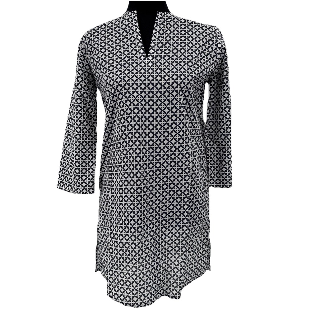CHARLESTON SHOE CO. NAVY & WHITE COTTON Geometric LOGO 3/4 SLVS TUNIC SM NEW
